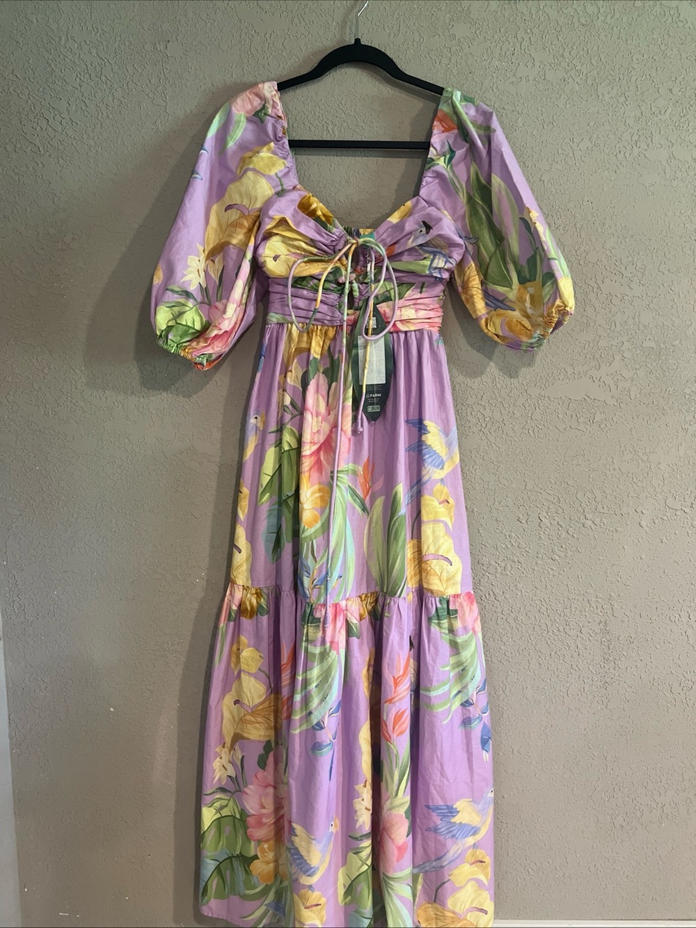Farm Rio Floral Puff-Sleeve Maxi Dress Women’s Small Oasis Tropical Smocking NWT